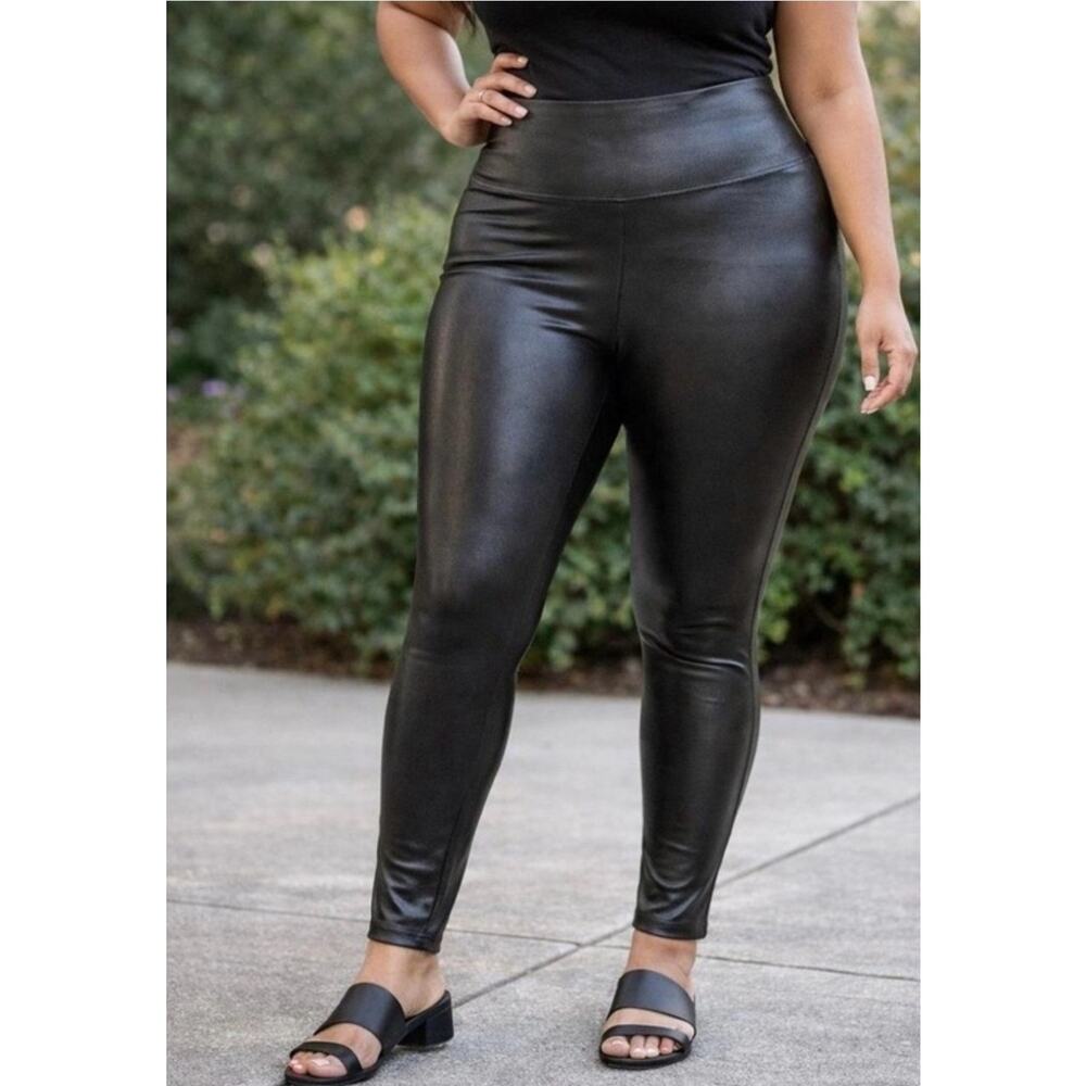NEW Spanx black Faux Leather Leggings Women's sz 1X Petite Ankle High Rise